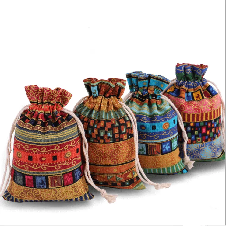 10 x 14cm Mixed Color Egyptian Ethnic Style Drawstring Jewelry Coin Pouches, Small Cloth Burlap Bags for Candy Wedding Party