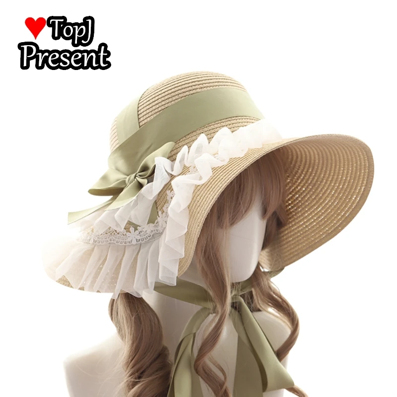 Lolita straw hat female big hat brim lace shading garden bow ribbon hand made original and versatile new style cosplay Hat