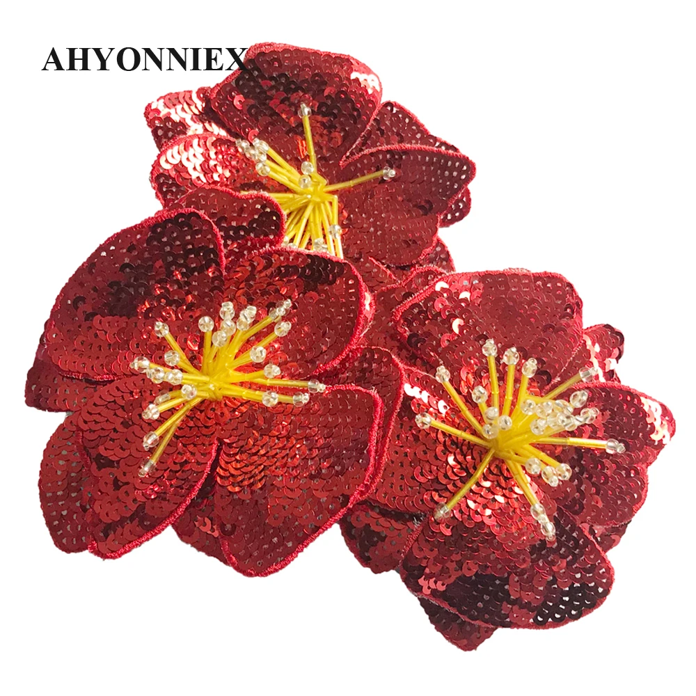 AHYONNIEX Red Rose 3D cucire su paillettes fiori Patch vestiti 11CM X 11CM Patch Applique fai da te per abbigliamento Bordados Para La Ropa