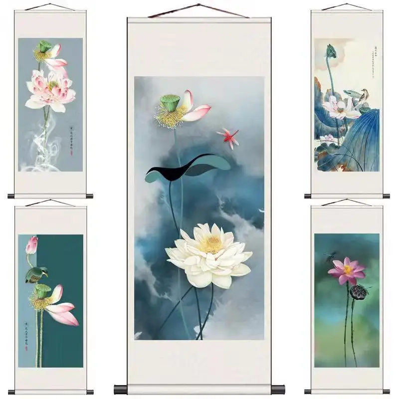 

Chinese Style Lotus Wall Paintings Vintage Living Room Bedroom Home Office Decor Wall Art Posters Flower Tapestry Decoration