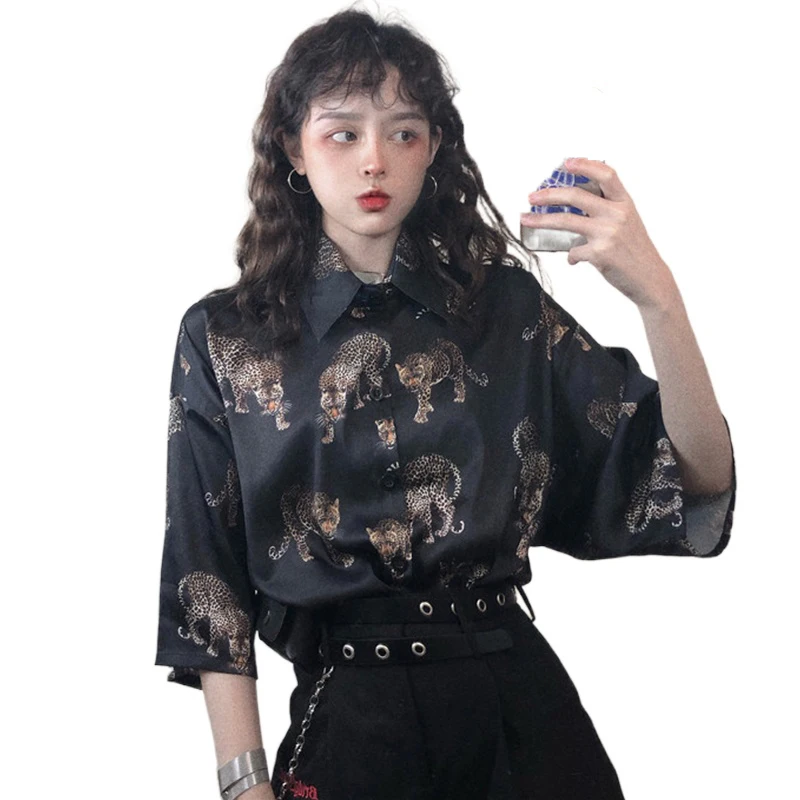 Vintage Leopard Women\'s Blouse Harajuku Print Shirts  2021 Summer Ladies Loose short sleeve Blusa Streetwear Camisas Mujer