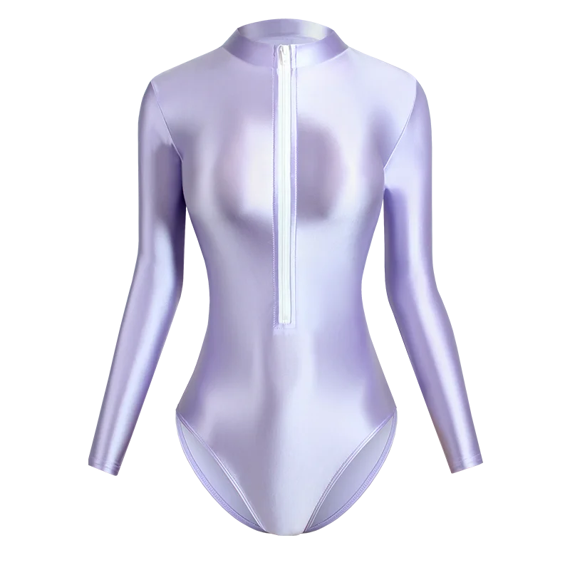 Satin Shiny Japanese Women\'s Sexy Body Suits Front Zipper Long Sleeve Tight Glossy Silky High Cut One Piece Swimsuit Plus Size