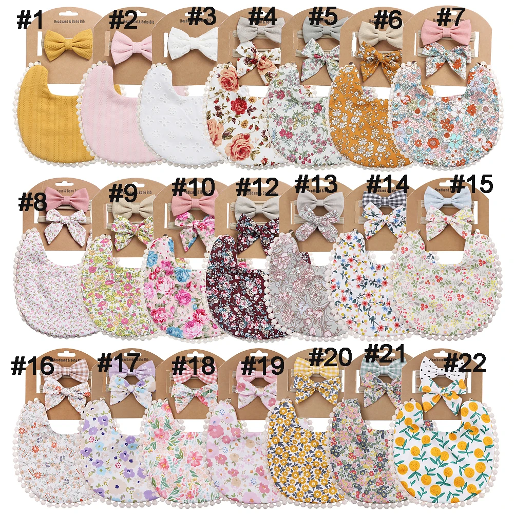 Baby Boys Girls Bibs & Headband Floral PrintS Tassel Dinner Saliva Towel Vintage Double Side Feeding Bibs  Kids Hair Accessories