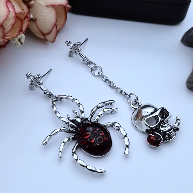 New Gothic Spider Mix and Match Skull Blood Red Oil Drop Earrings Black Halloween Earrings