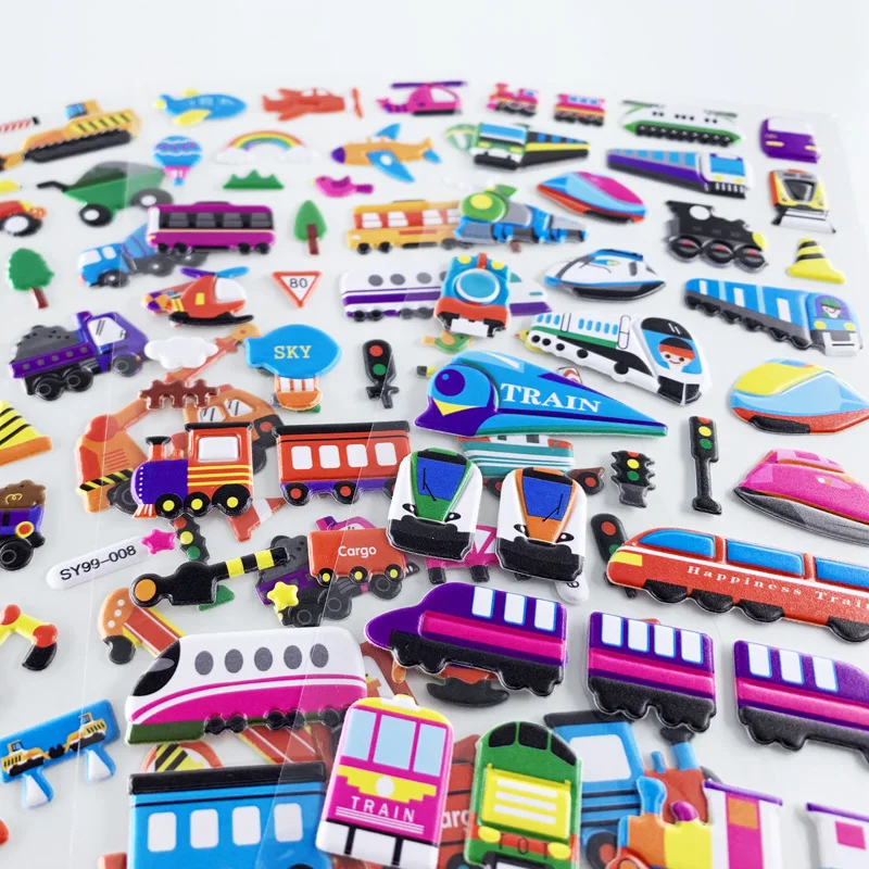 3 Sheets/Set Kids 3D Cartoon Transportation Cars Train Plane Stickers for Boys DIY Bubble PVC Scrapbook Sticker Learning Toys