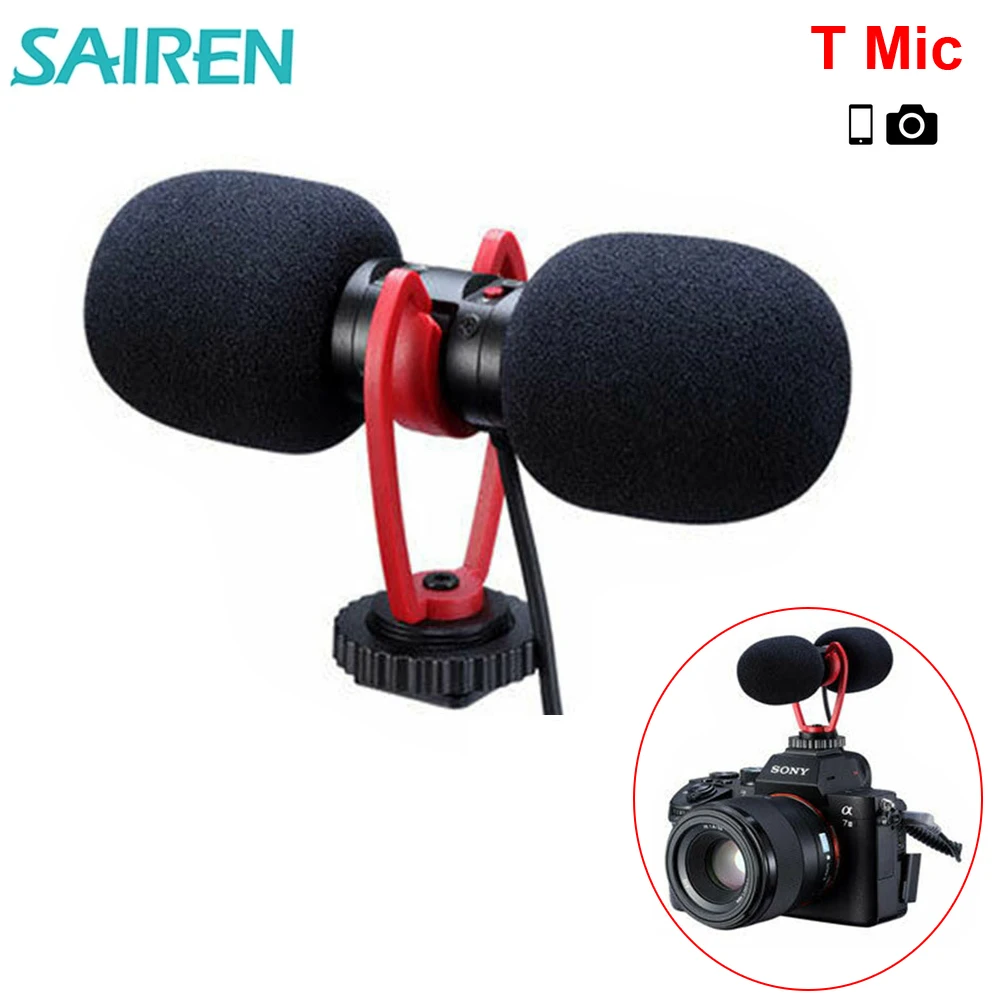 Sairen T-Mic Dual 3.5mm Mini Microphone Stereo Record Microphone for Canon Sony Nikon A6400 A7 A7R D850 5D 6D Video Camera Phone