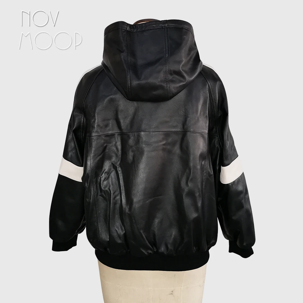 Novmoop-chaqueta deportiva de piel de oveja auténtica para mujer, chaqueta con capucha, parche de color, LT3283