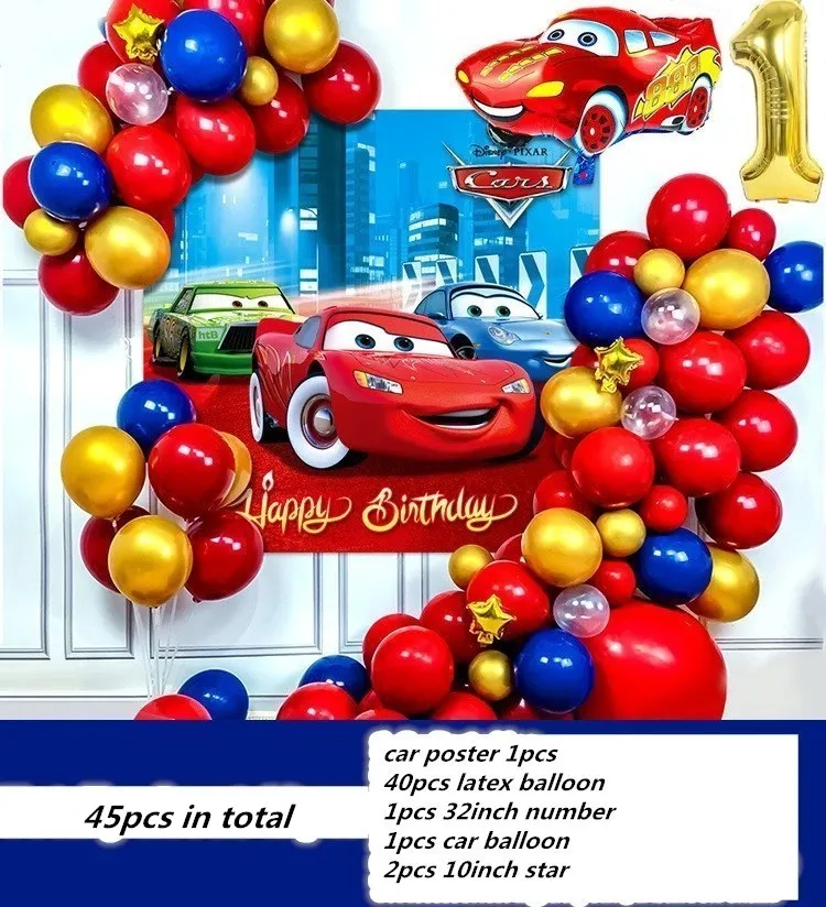

45pc Disney Happy Birthday Kids Macqueen The Cars Theme 1st To 9th Poster Latex Aluminum Film Metallic Balloons Party Decoration