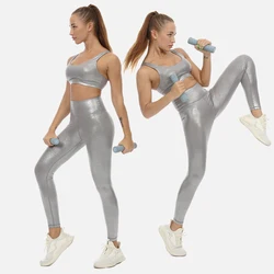 High Rise Silver Shine Gym Leggings Women Metalic Medium Support Sports Bra With Glossy Liquid Finish Compressive Activewear Set