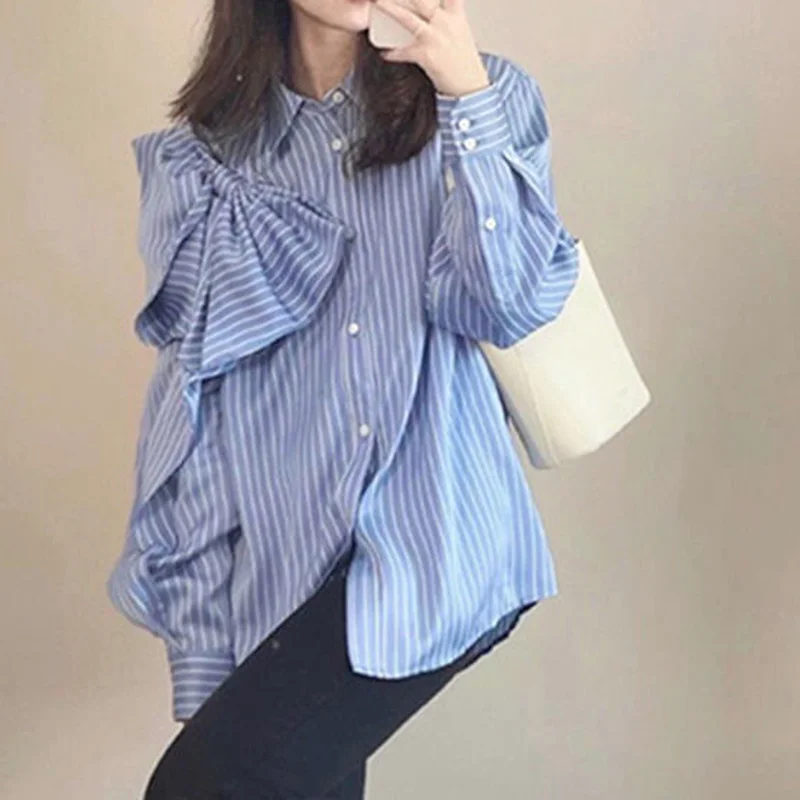 Nomikuma Elegant Bowknot Striped Women Blouses Korean Long Sleeve Turn-down Collar Top Shirt Autumn 2023 New Camisas Mujer 6X513