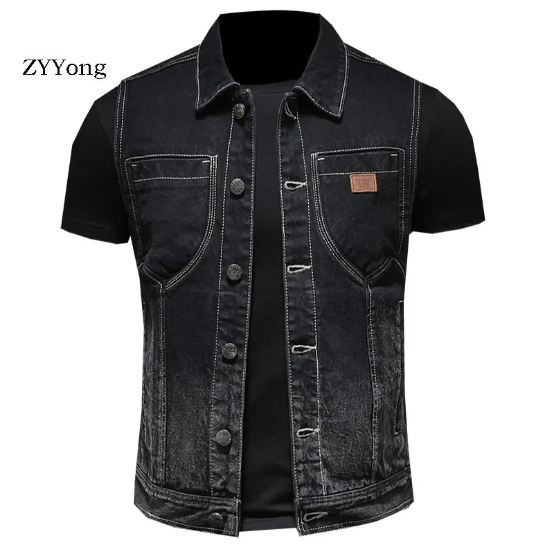 Retro European Style Turndown Collar Single Breasted Sleeveless Black Slim Denim Vest Coat Men Waistcoat Jean Jacket Gilet Homme