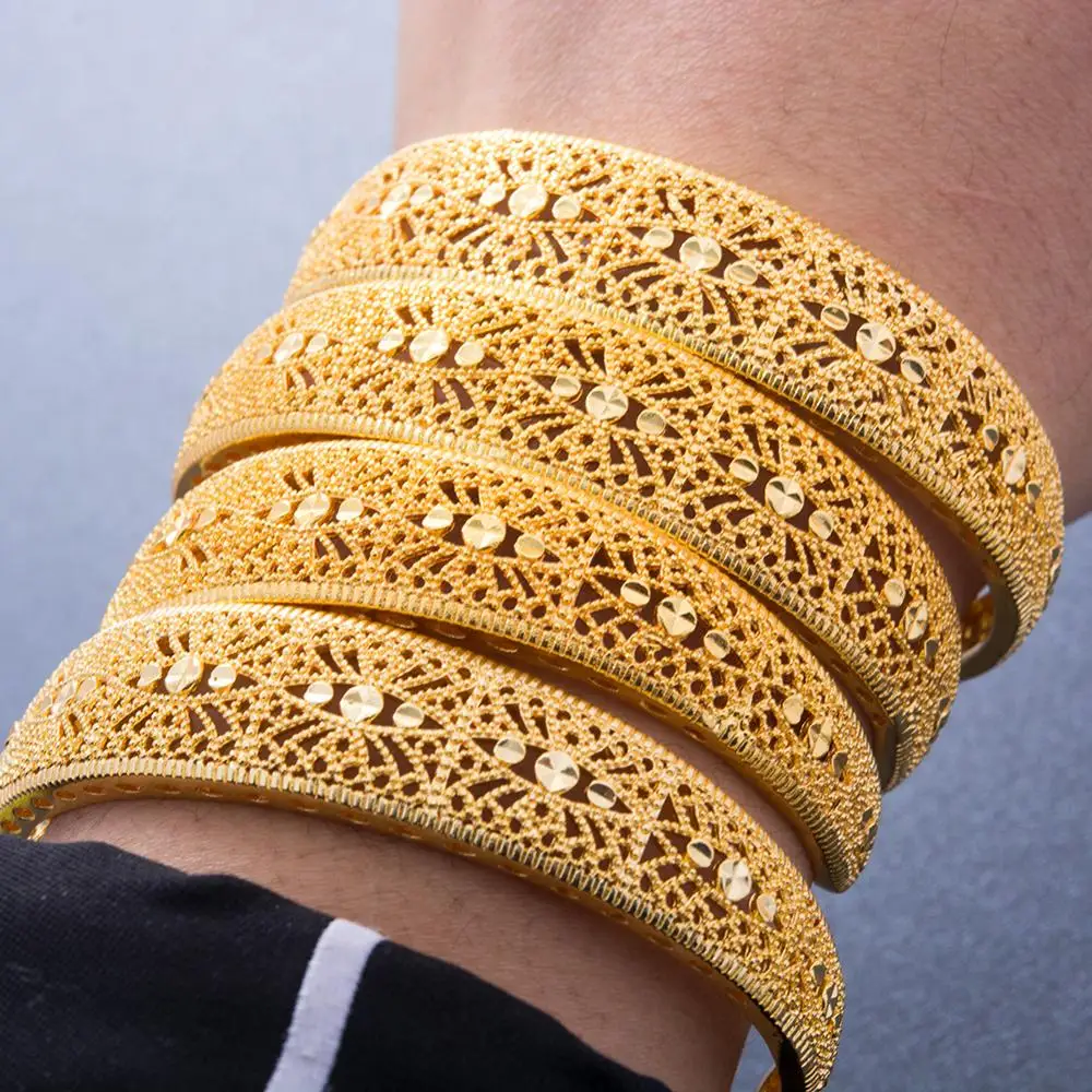 

4Pcs/lot 24K Gold color Bangles For women African bridal wedding gifts party Dubai Flower Bracelet Jewelry Gift