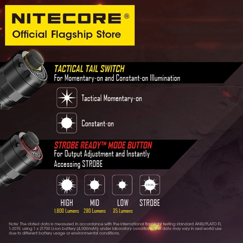 NITECORE P10i one-button flash tactical flashlight small straight self defense USB Rechargeable flashlights 1800 Lumens, Battery