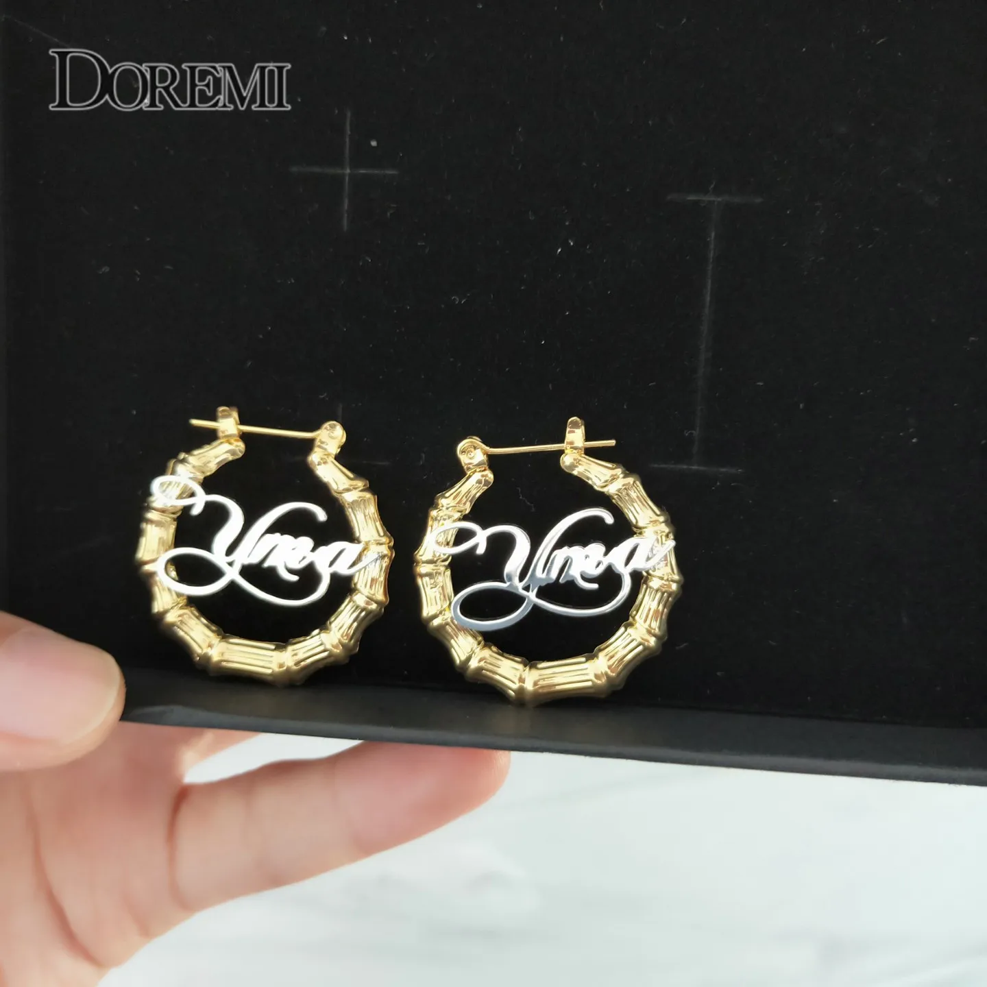 DOREMI 2 Toned Name Bamboo Earrings Customize Name Earring Bamboo Style Custom Hoop Earring Personalized Statement Words Number