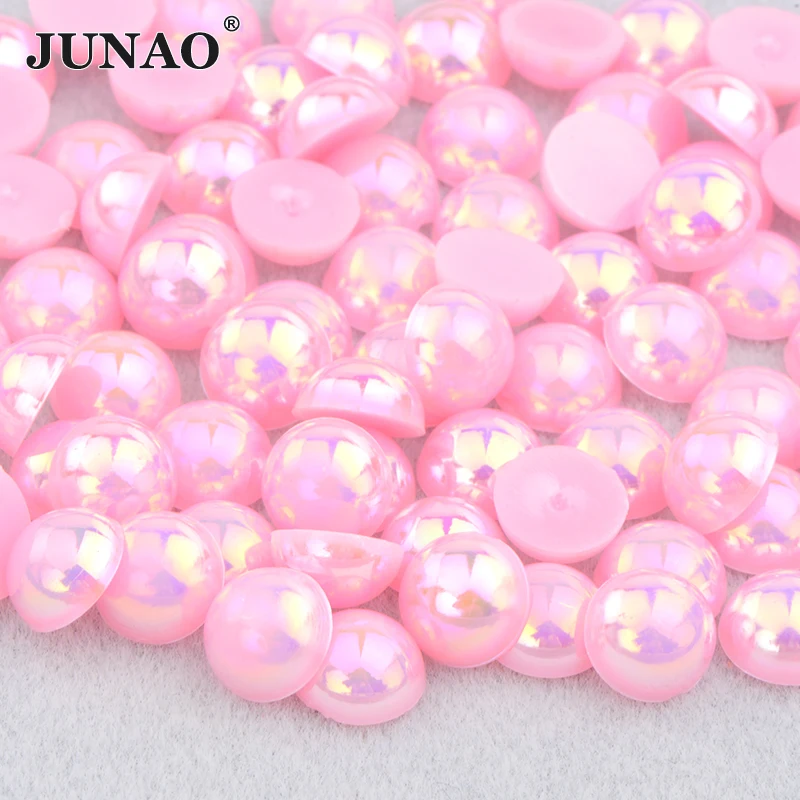 JUNAO 4 6 8 10 12mm Light Sapphire AB Half Round Pearl Nail Art Rhinestones Glue on Imitation Flatback Beads For Clothing Shoes