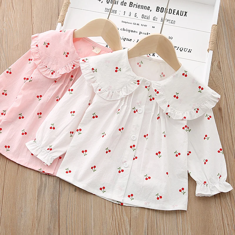 F Girls Blouses Clothes Baby Spring Shirts Toddler Infant Cherry Print Tees Tops 1 2 3 4 Years Kids Cotton Shirt