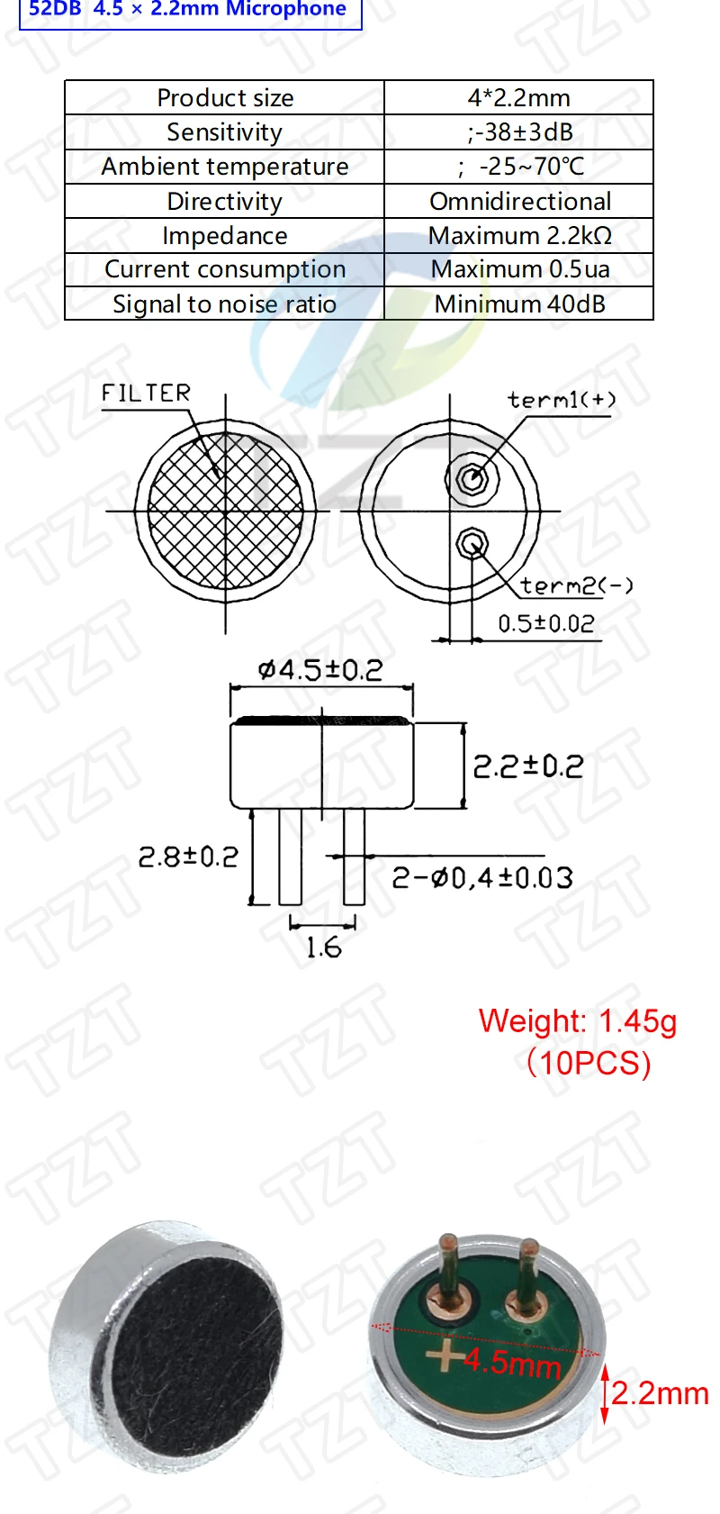 TZT 10 Stück Sortierte Elektret-Mikrofone mit 2-Pin-Anschluss 9x7mm 9767 6x5mm 6050 6x2.2mm 6022 4.5x2.2mm 4522 4x1.5mm 4015 – Detail 5