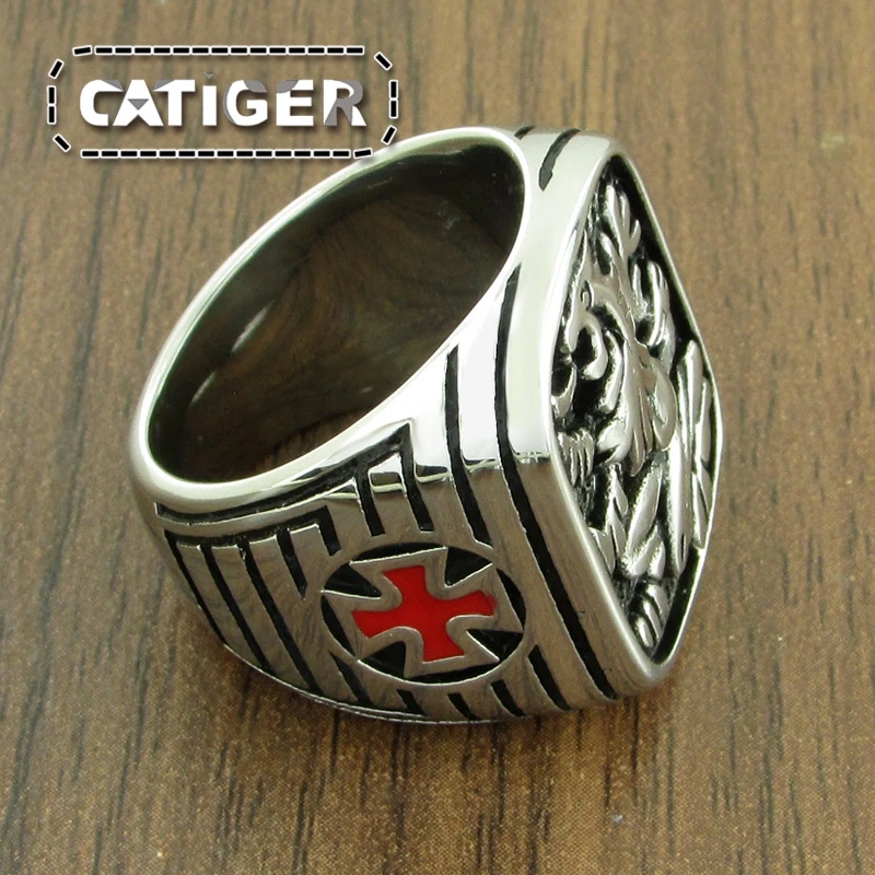 Free Shipping Punk 316L Stainless Steel Phoenix Totem Ring Medieval Signet Mens Red Enamel Knight Templar Crusade Cross Rings