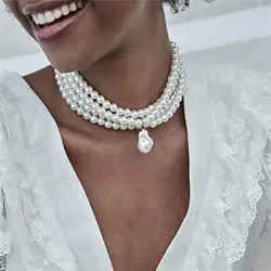 Ingemark Fashion Multilayer White Imitation Pearl Choker with Metal Slice Fixation Wide Bib Necklace Jewelry for Charm Women