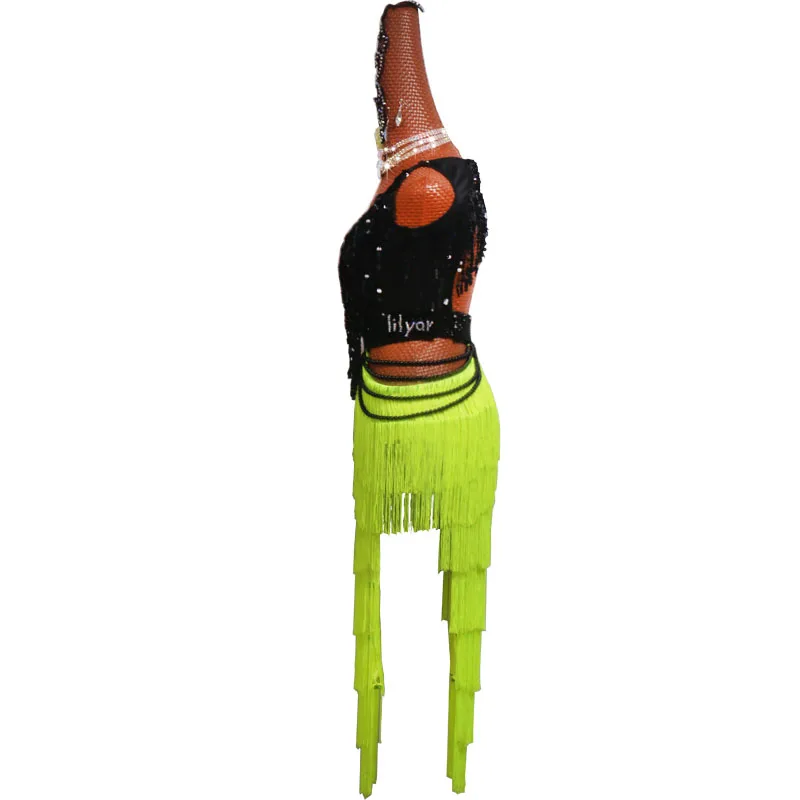 Latin Dance Competition Dance Skirtes Costumes Skirt Performing Dress Fluorescent Green Black Sequined Fringe pearl