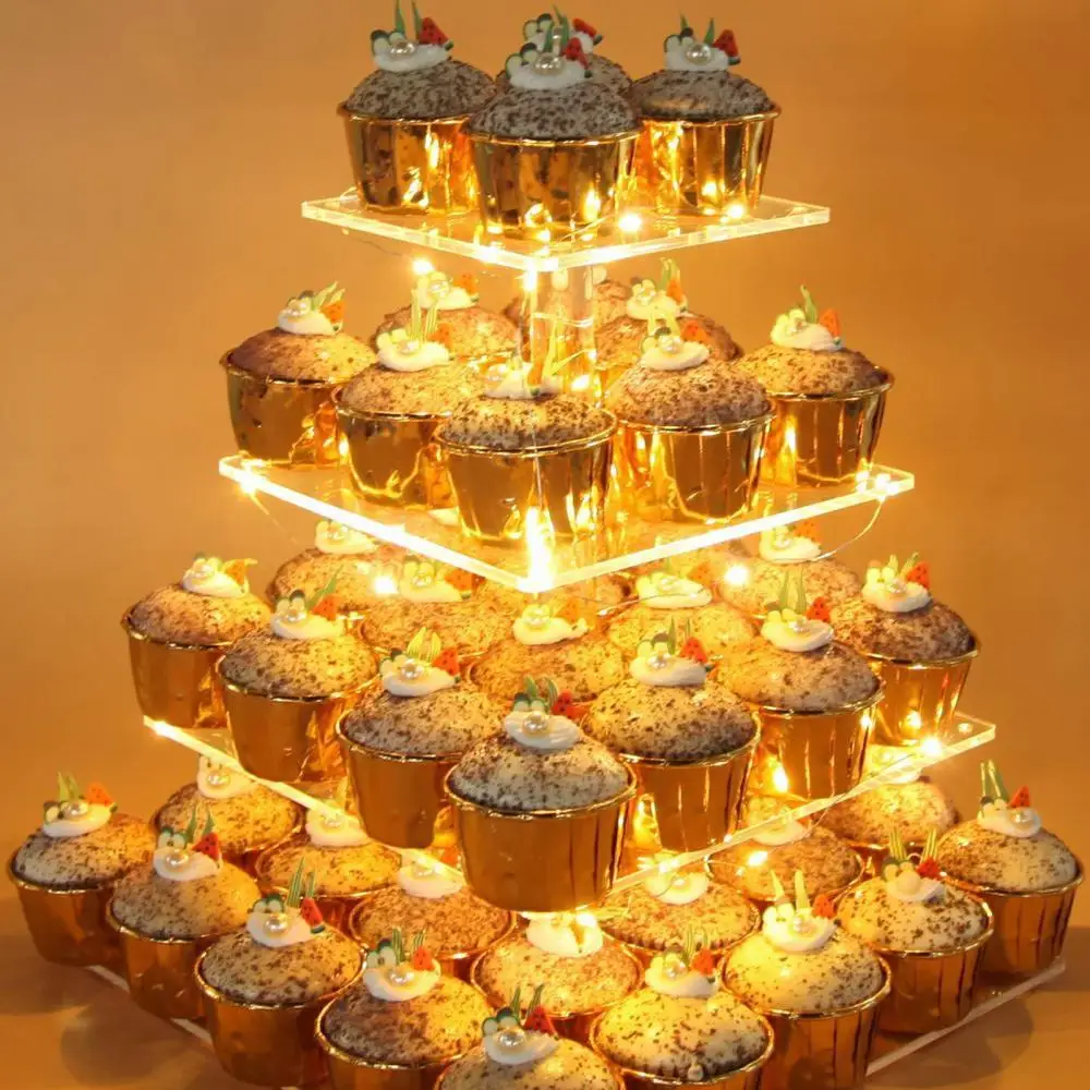 4 Tiers LED Light Cake Stand Acrylic Cake Display Stand Transparent Tray Cupcake Holder Wedding Birthday Cake Rack Party Decor