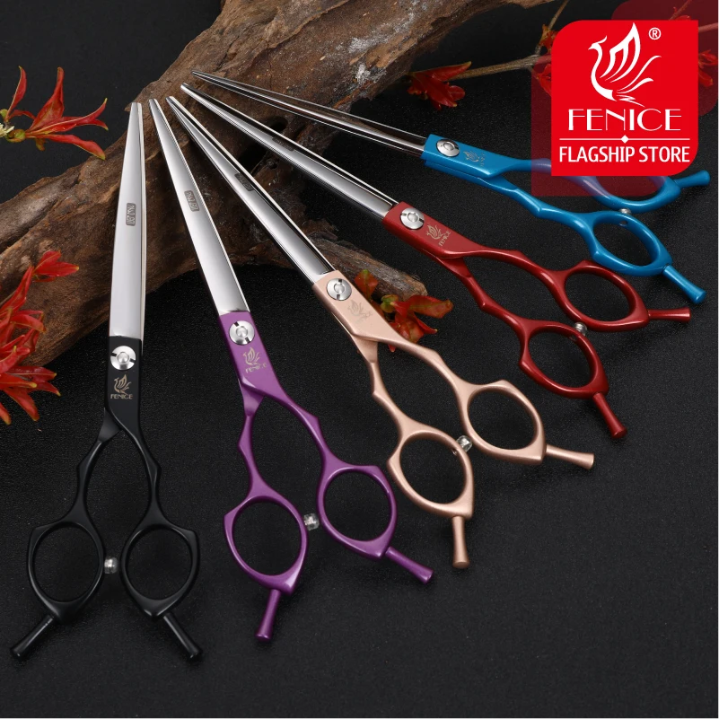 Fenice Professional Japan Colorful 440c 6.5 inch Pet Dog Grooming Scissors Set Cutter Thinner Chunker Curved Shears