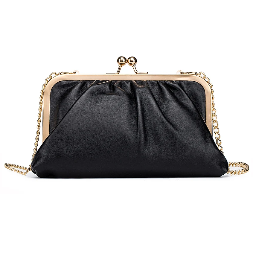 2021 New Clutch Bag Women Genuine Leather Clutch Wallet Cell Phone Purse Fashion Kiss Lock Evening Bag with Chain Shoulder Belt