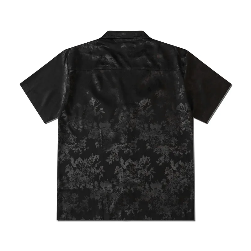 Harajuku Men Shirts Black Flower Print Short Sleeve Single Breasted Loose Shirt for Boys  Hip Hop Casual Streetwear Unisex