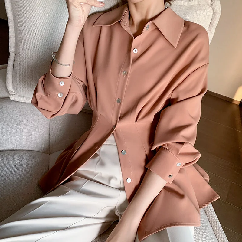 Shirts Women Chiffon Spring Tunic Office Pure Color Temperament Ins Tender Long Sleeve All-match Classy Mujer Clothes Ulzzang