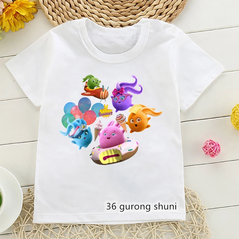 Kaos anak perempuan motif kartun, baju atasan anak perempuan modis, Kaus anak laki-laki menyenangkan musim panas, kaus gambar kartun Sunny Bunnies