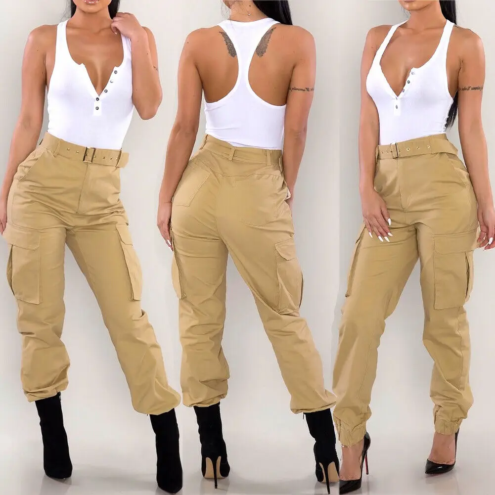 Frauen Militär Armee grün lange Cargo hose Damen hose lässig Kampf coole Hose schiere Khaki Orange mit Schärpen