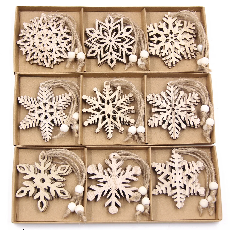 Flocons de neige de Noël en bois pour enfants, ornements de Noël, décorations d'arbre de Noël, fournitures de bricolage, cadeaux, 12 pièces par boîte