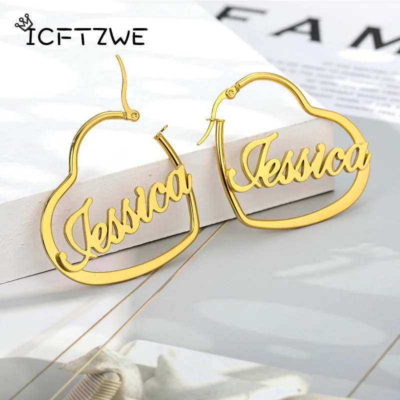 Custom Name Heart Hoop Earrings For Women Stainless Steel Personalized Heart Name Earring Christmas Bridesmaid Jewelry Gift