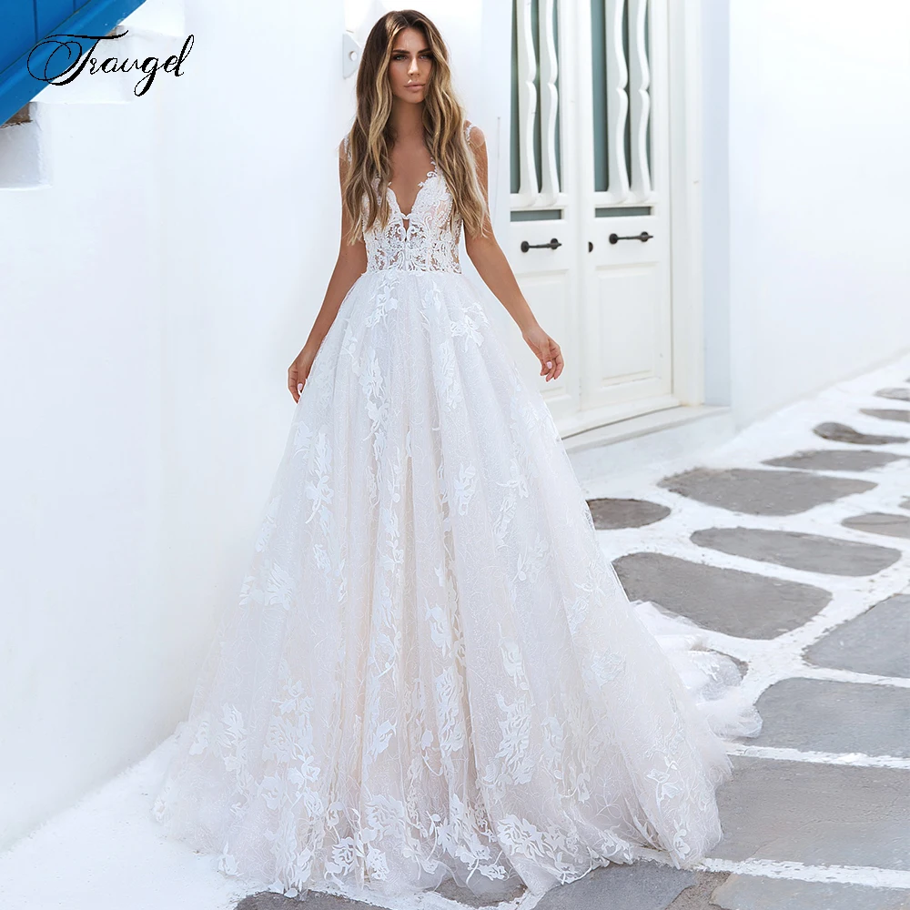 Traugel Illusion Scoop A Line Lace Wedding Dresses Elegant sleeveless Bridal Dress Chapel Train Wedding Gown for Bride Plus Size