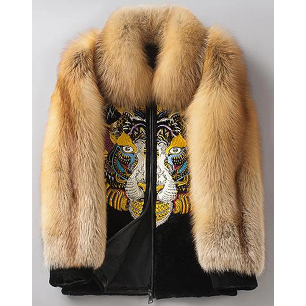 Mens Sheepskin Shearling Jacket Fox Fur Coat Leather Overcoat Embroidered Winter Outwear