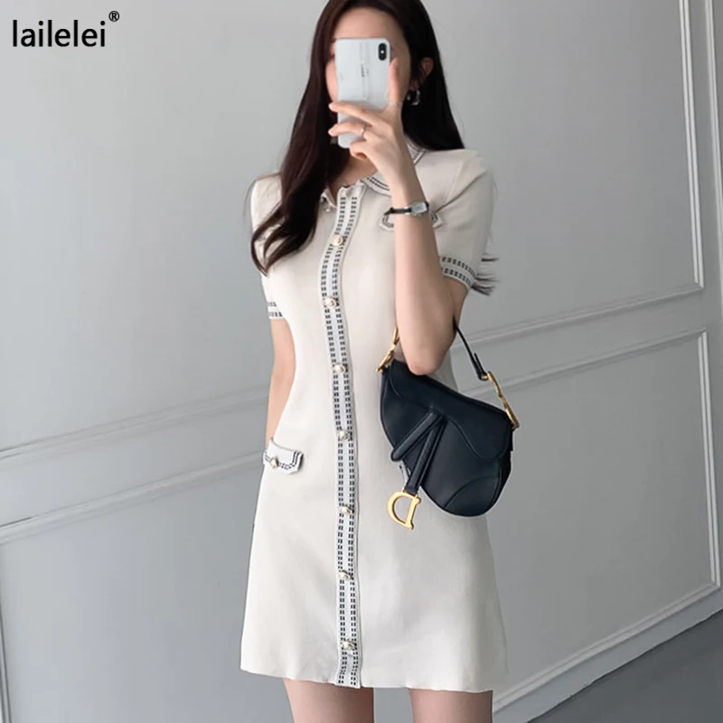 Turn-down Collar Knitted button mini dress sexy summer 2021 short Sleeve robe dresses vintage Sheath  jurk women