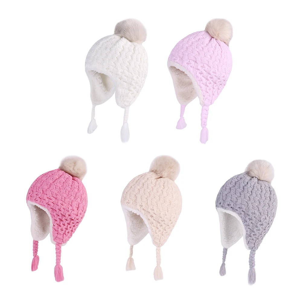 Baby Winter Knit Earflap Hats For Girls Boys Toddler Infant Crochet Faux Fur Pompom Beanie Kids Fleece Lined Braided Trapper Cap