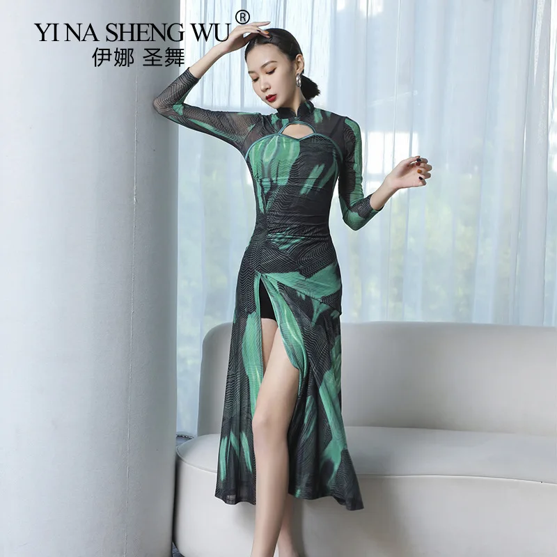 

Cheongsam Stand-up Collar Classical Performance Clothing Mesh Printing Hollow Performance Clothing High Slit Practice Clothing