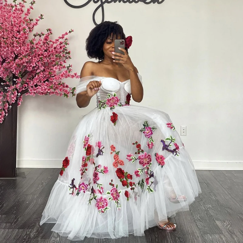 Vestido de festa gracioso até o tornozelo, Apliques bordados flores, manga sem ombro, vestidos de baile com zíper traseiro para meninas