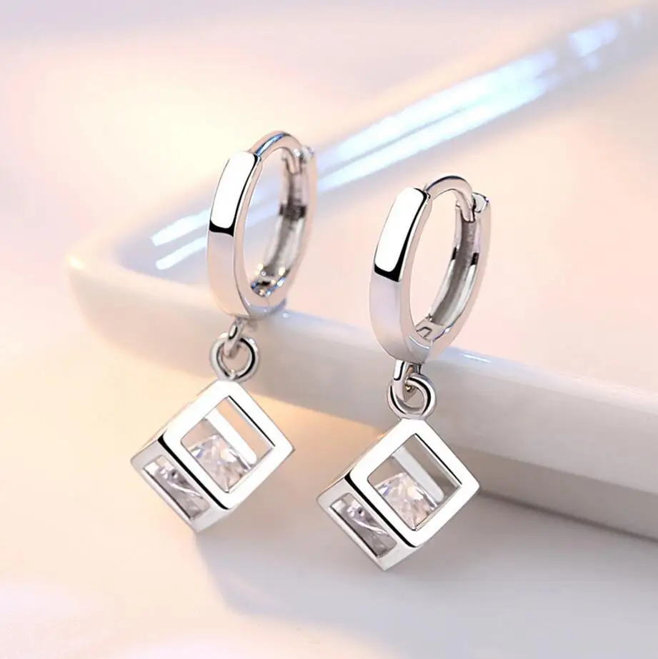 925 Sterling Silver Cube Love Window Zirconia Sugar Drop Earrings For Women brincos de prata Best Gift S-E228