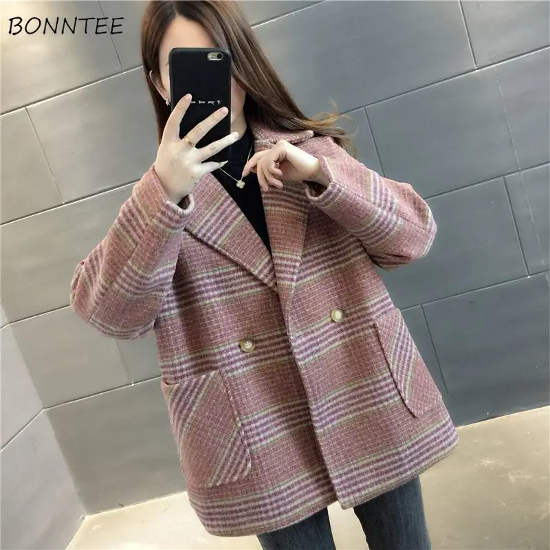 

Women Wool Blends Plaid V-neck Single Button Fashion Korean Style Chic Loose Overcoat Female Casual Winter Thick Ulzzang New Fit