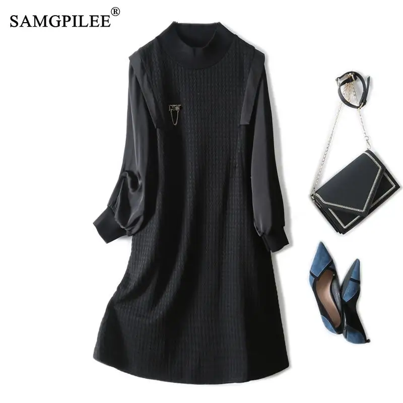 

SAMGPILEE Elegant Dresses For Women Office Lady A-line Patchwork Full Sleeve O-neck Autumn Womens Clothing L-4XL