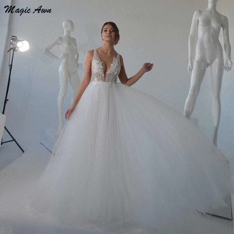 Magic Awn Graceful Soft Tulle abiti Da Sposa 2021 Appliques Illusion Scoop Boho A-Line abiti Da Sposa principessa Abito Da Sposa