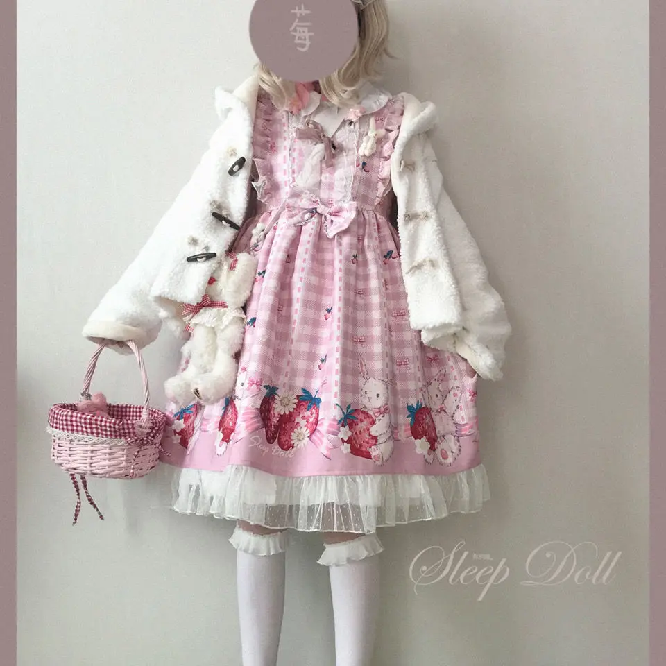 

Lovely Japanese Lolita Dress Girls Strawberry Bunny Jsk Dresses Women Harajuku Sleeveless Cute Sweet Cosplay Vestido