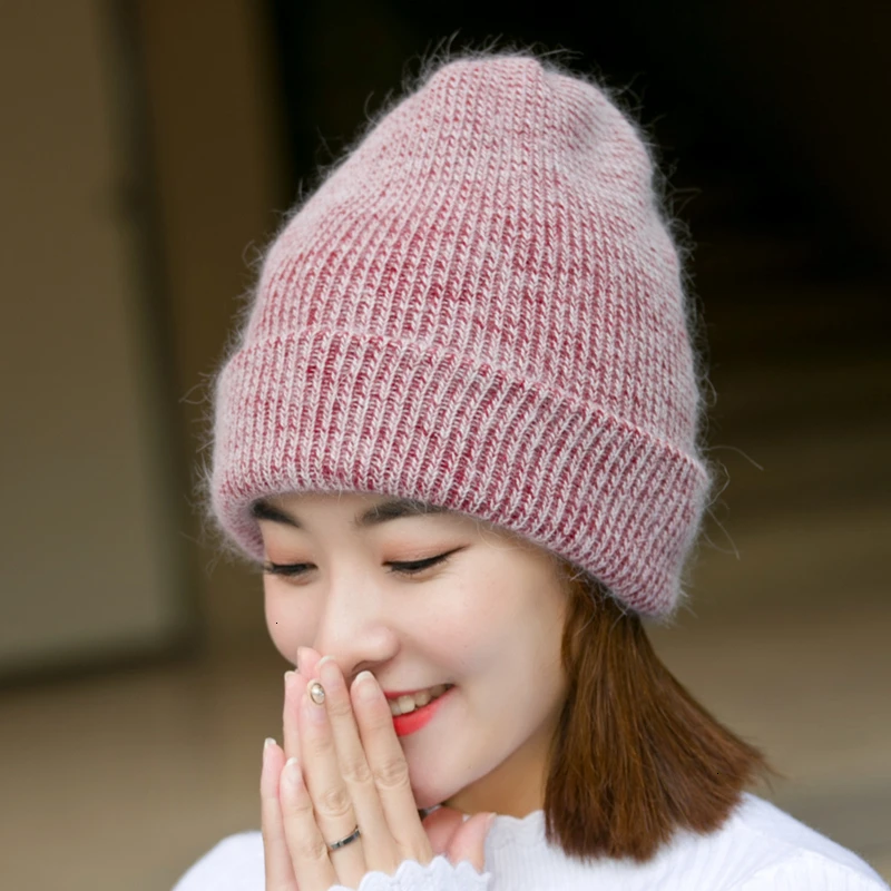 Women knitted Winter Hat female Warm Rabbit fluff beanie Girl Solid Bonnet femme Skullies beanies Soft Hats Women's Winter Caps