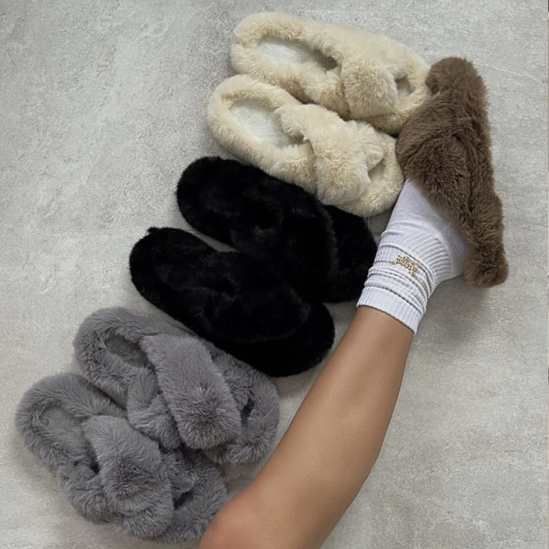 Women Furry Fur Slippers Soft Faux Fur Slides Ladies Plush House Slippers Cross Strap Open Toe Flat Sandals Fluffy Warm Shoes