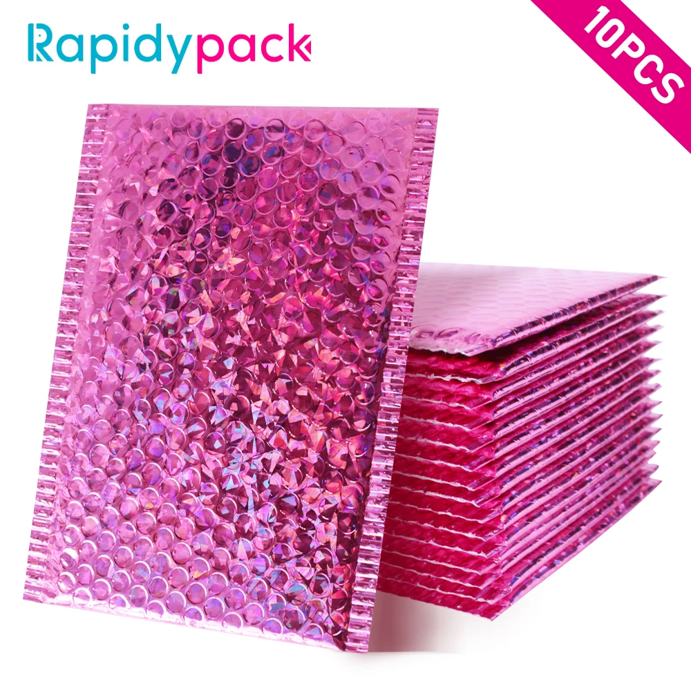 Rapidypack 10PCS 15x20+4cm Pink Laser Bubble Bags Packaging Bubble Envelope Mailing Bags Self Sealing Jewelry Gift Packing Bag