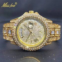 MISSFOX 18K Gold Men Luxury Designer Watch Diamond Date Day Just Ice Out orologi al quarzo Dropshipping