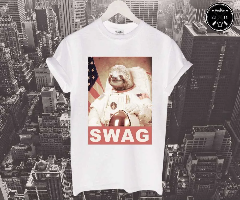 Fashion Summer t-shirt Swag Astronaut Cosmonaut Sloth T Shirt Top USA United States America Gift Tee Shirt