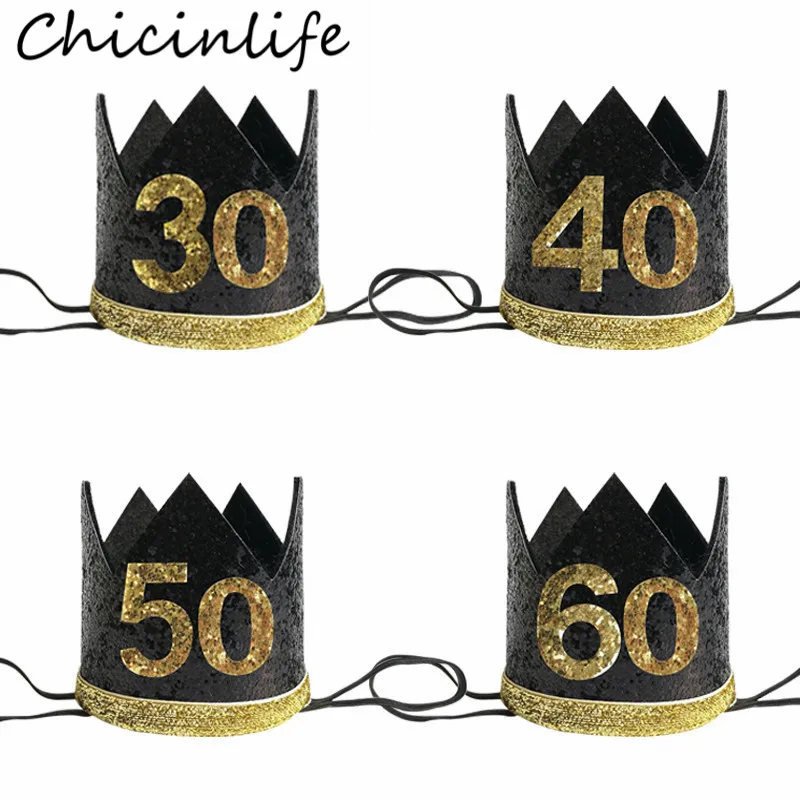 Chicinlife 1Pcs 30 40 50 60 Year Old Crown Birthday Headband Birthday Party Hat Anniversary Adult 30th Birthday Decor Supplies